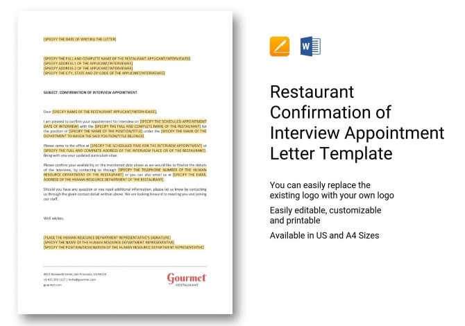 Restaurant Confirmation Of Interview Appointment Letter Template