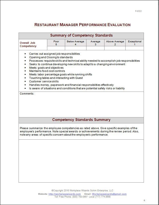 Restaurant Management Performance Evaluation Form