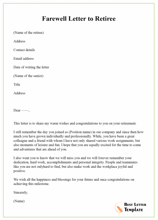 Retirement Farewell Letter Template  Format  Sample   Example