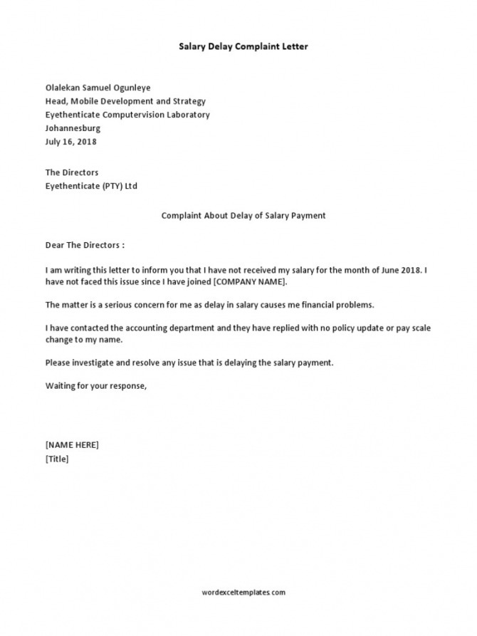 Salary Delay Complaint Letter