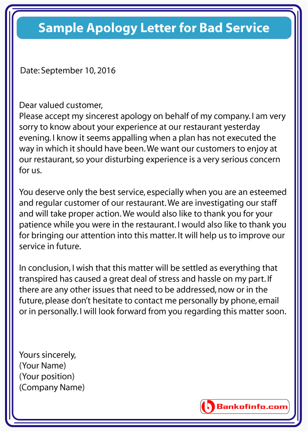 Sample Apology Letter For Bad Service
