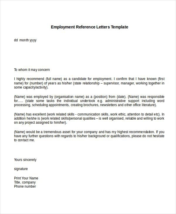 Sample Employment Reference Letter Templates