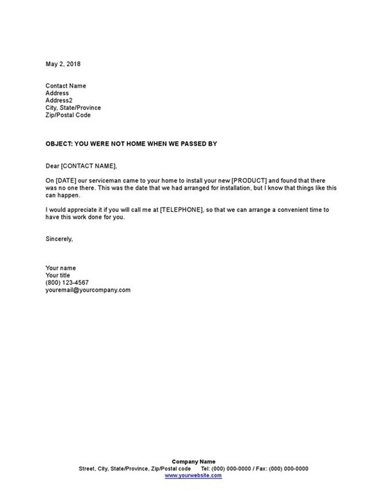 Sample Letter To Customer Not Home For Service Appointment Sample Letter To Customer Not Home For Service Appointment