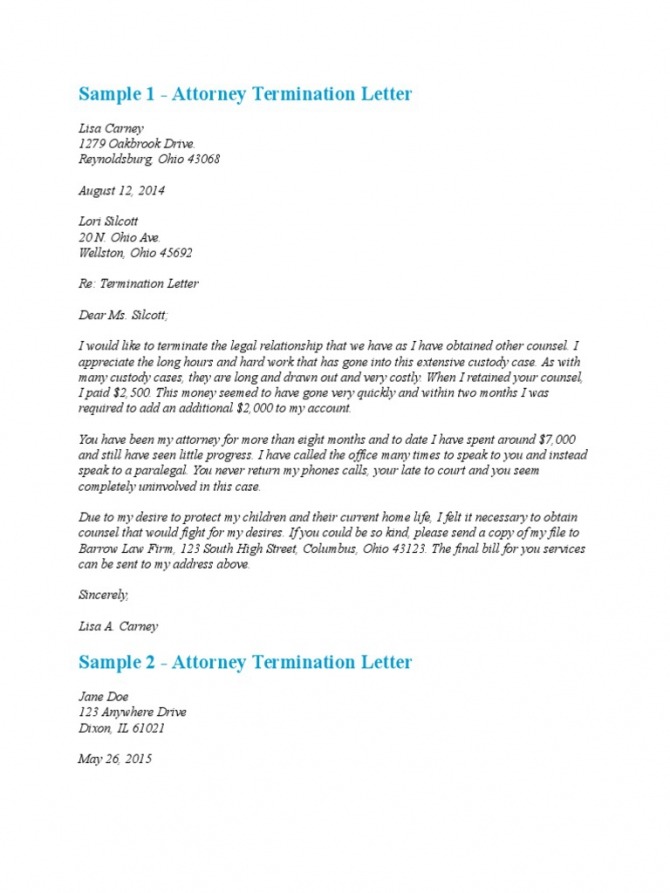 Sample Letter To Terminate Attorney