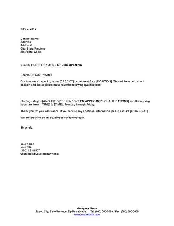 Sample Notice Of Job Opening Letter Template
