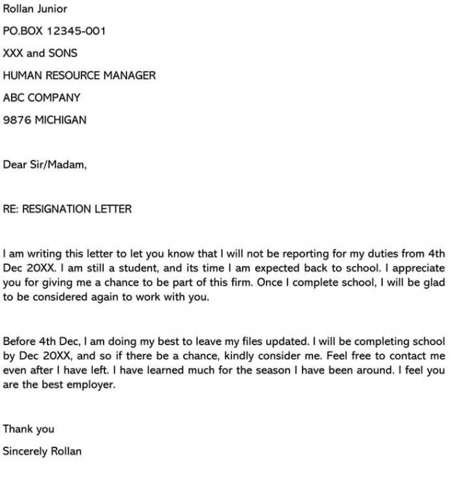 Sample Resignation Letters Going Back To School   Examples