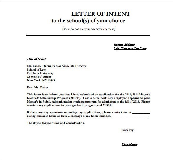 School Letter Of Intent