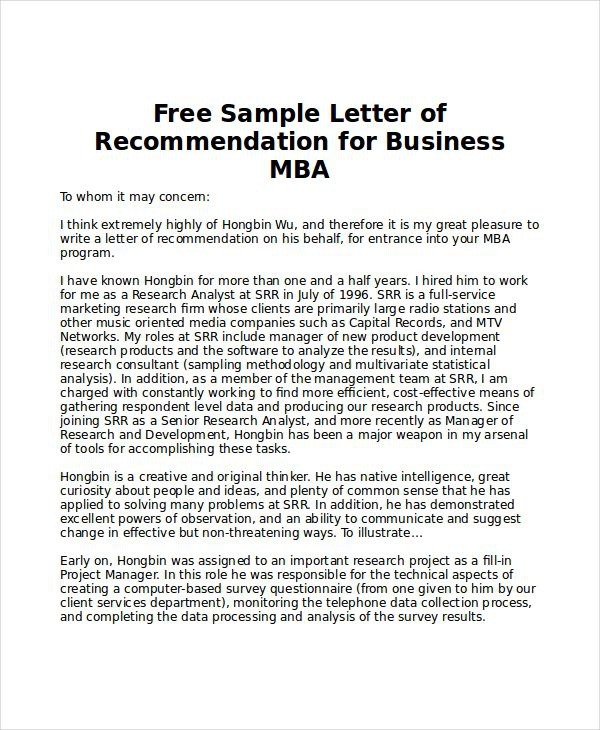 Sle Mba Recommendation Letter  Exles In Word Pdf