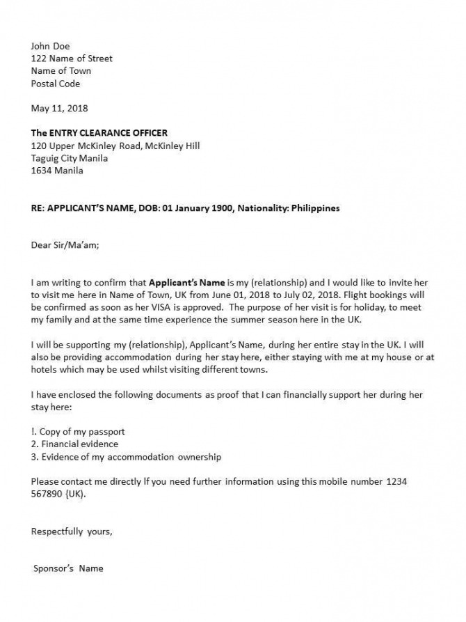 Sponsors Invitation Letter Sample For Uk Visit Visa Tourist Visa