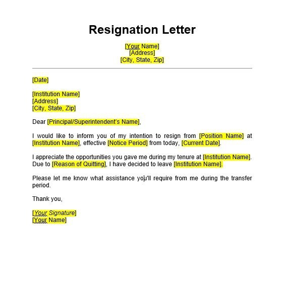 Teacher Resignation Letter Sample Format Templates
