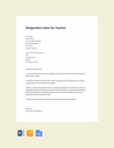 Teacher Resignation Letter Templates