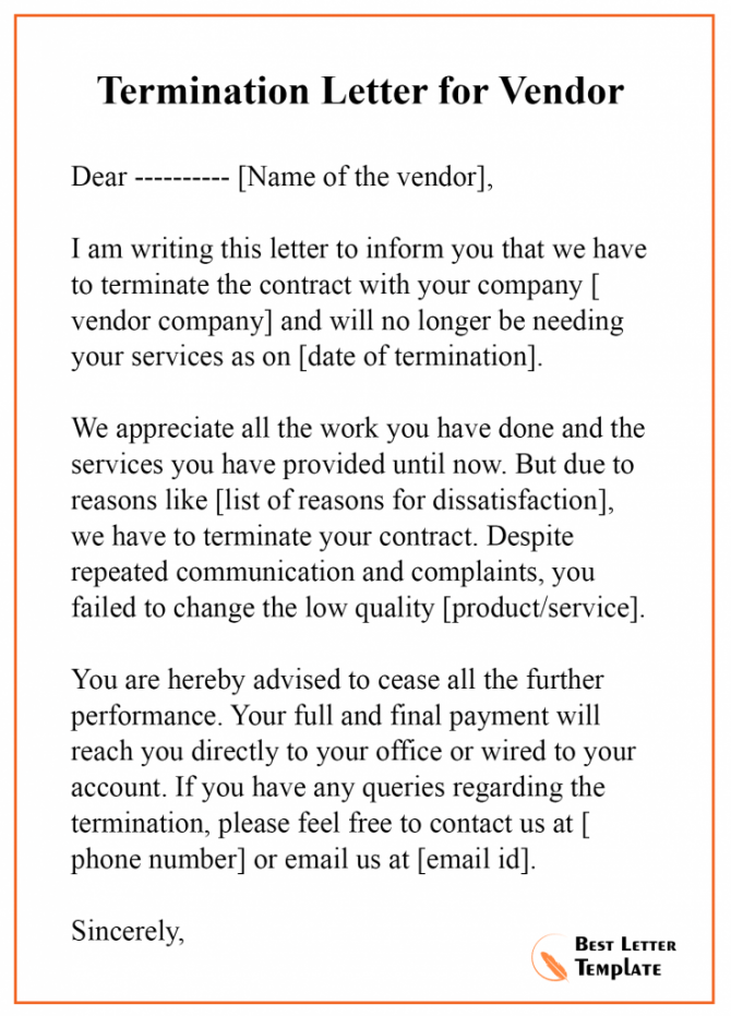 Termination Letter Template For Vendor  Format Sample   Example