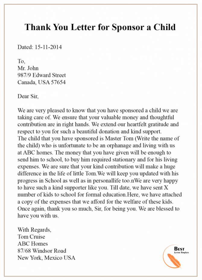 Thank You Letter Template For Sponsorship  Sample   Examples