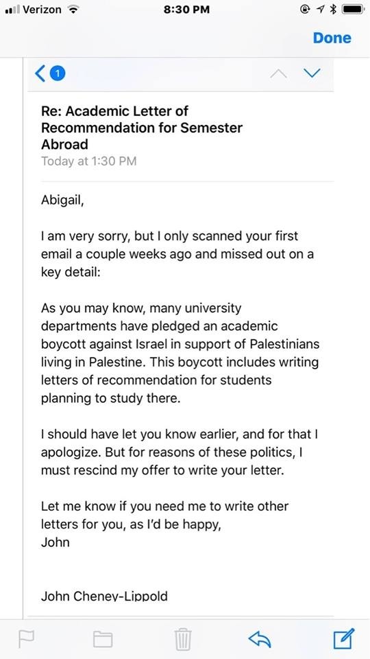 U Comments On Professor Refusal To Recommend Study In Israel