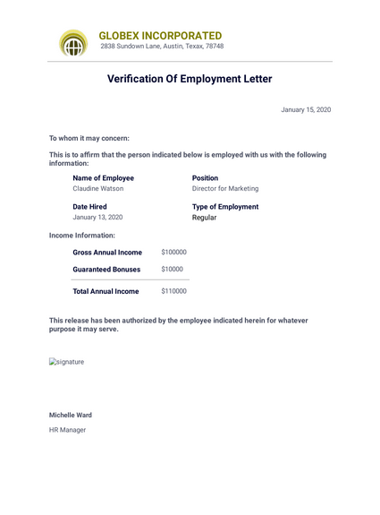 Verification Of Employment Letter