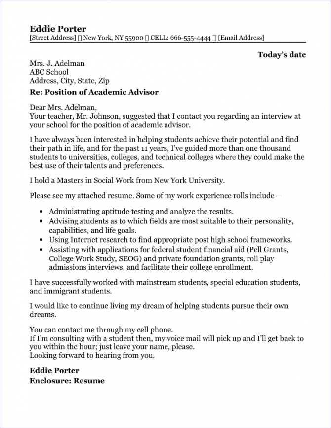 academic advisor cover letter no experience