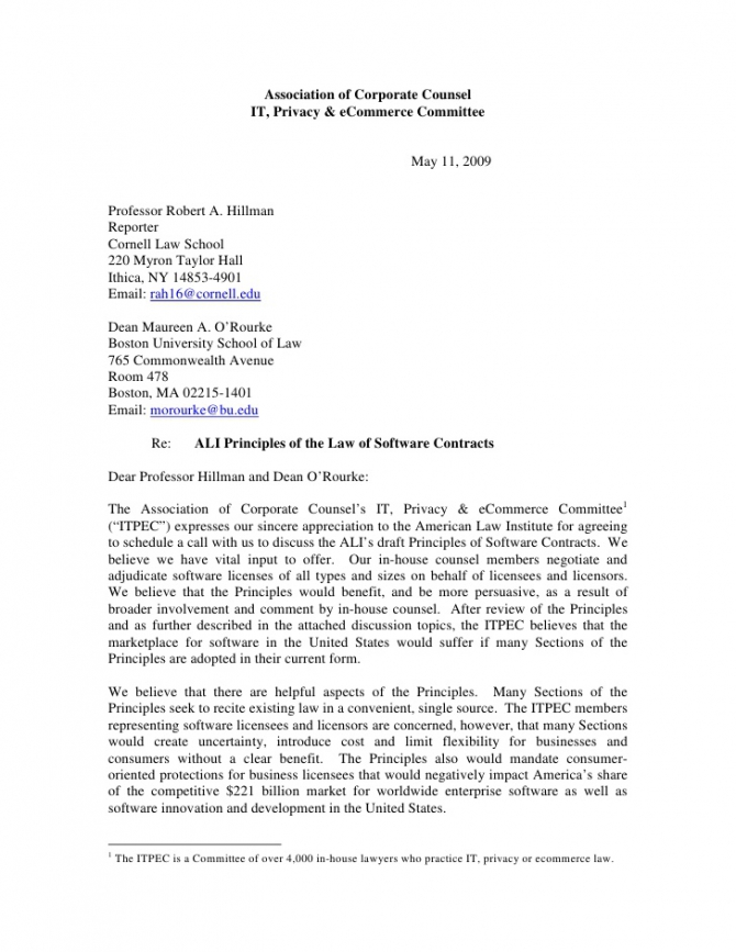 Acc Itpec Letter And Discussion Points Re Ali Principles Of The Law O