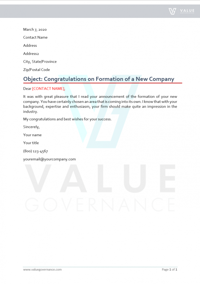 Congratulations On Formation Of A New Company