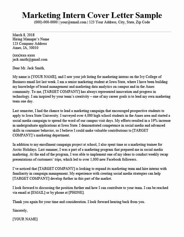 Cover Letter Template For Internship Elegant Marketing Intern