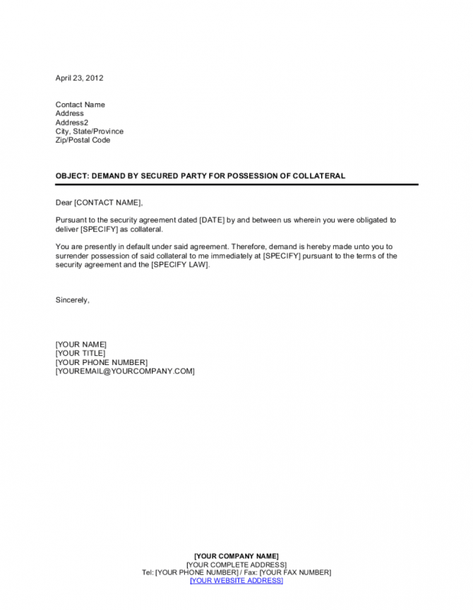Demand By Secured Party For Possession Of Collateral Template