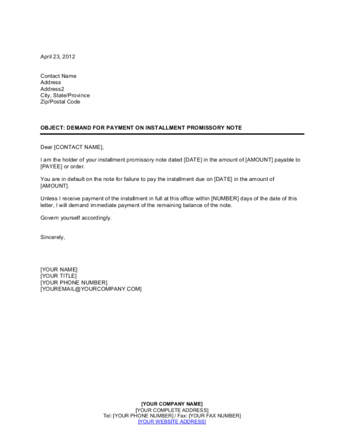 Demand For Payment On Installment Promissory Note Template