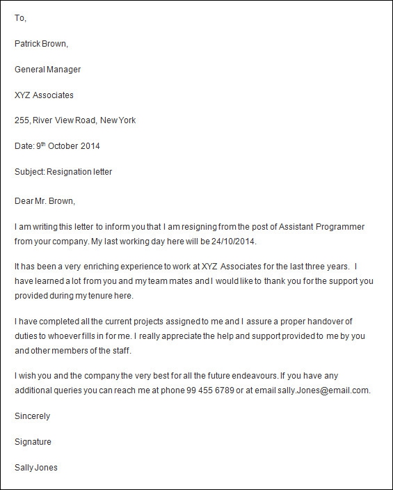 Free  Formal Resignation Letters Templates In Pdf