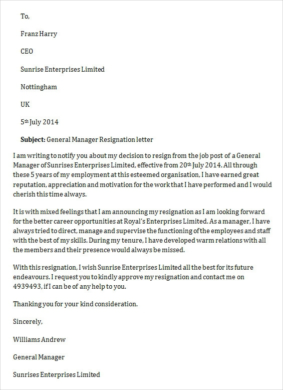 General Manager Resignation Letter