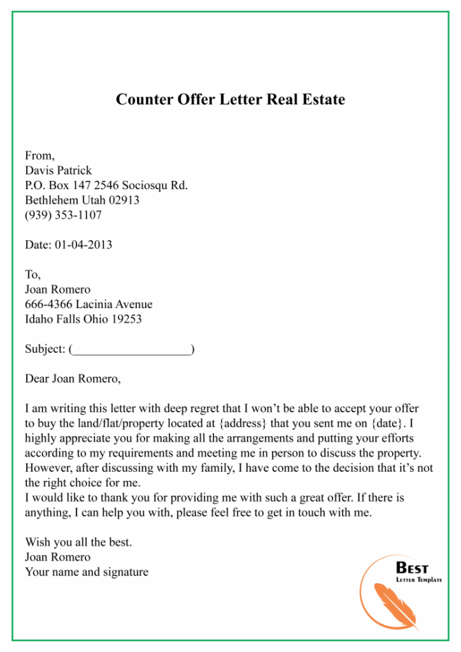 Counter Offer Letter Example Real Estate