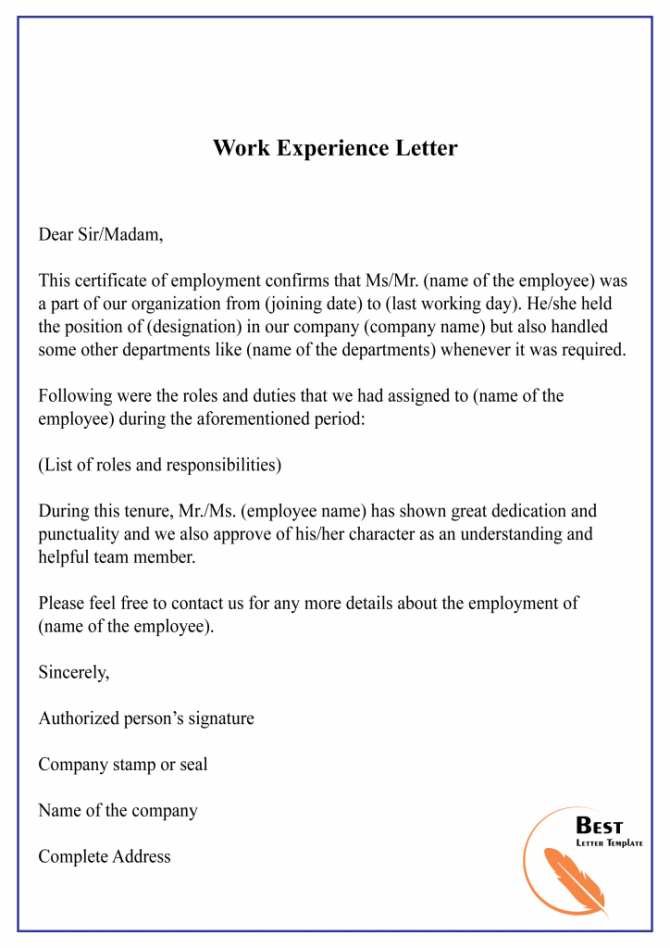 Work Experience Letter Example