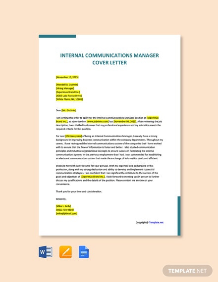 Free Internal Communications Manager Cover Letter