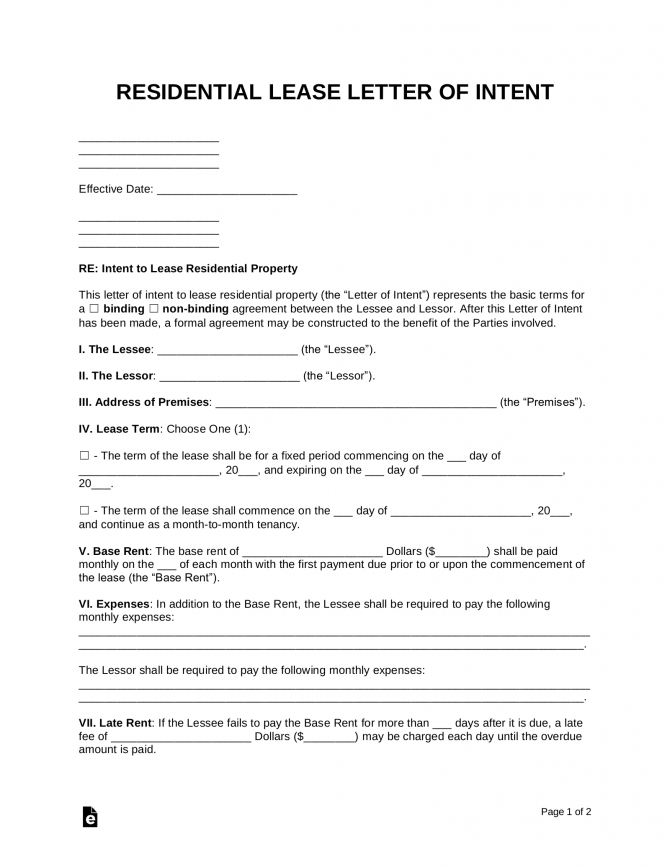 Free Letter Of Intent To Lease Residential Property