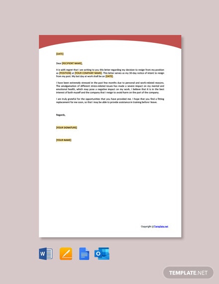 Free Resignation Letter Due To Stress At Work Template