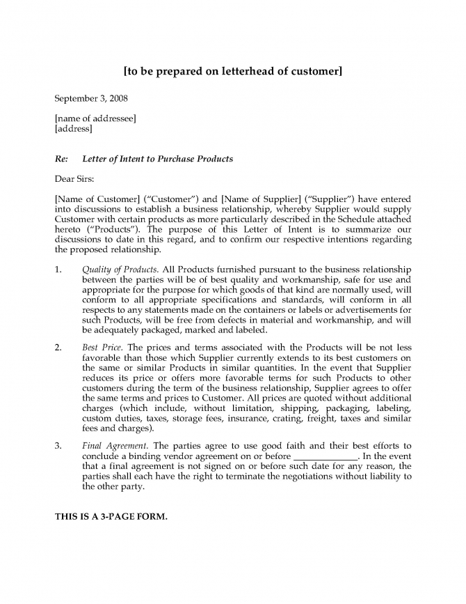 Letter Of Intent To Purchase Products