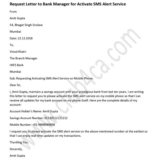 Request Letter To Bank Manager For Activate Sms Alert Service