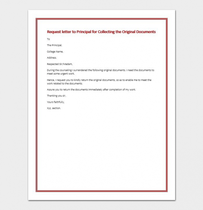 Request Letter To Principal For Original Certificates Or Documents