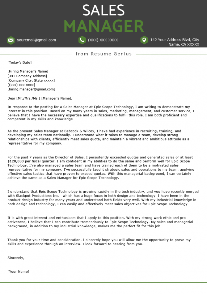 best cover letter national sales manager