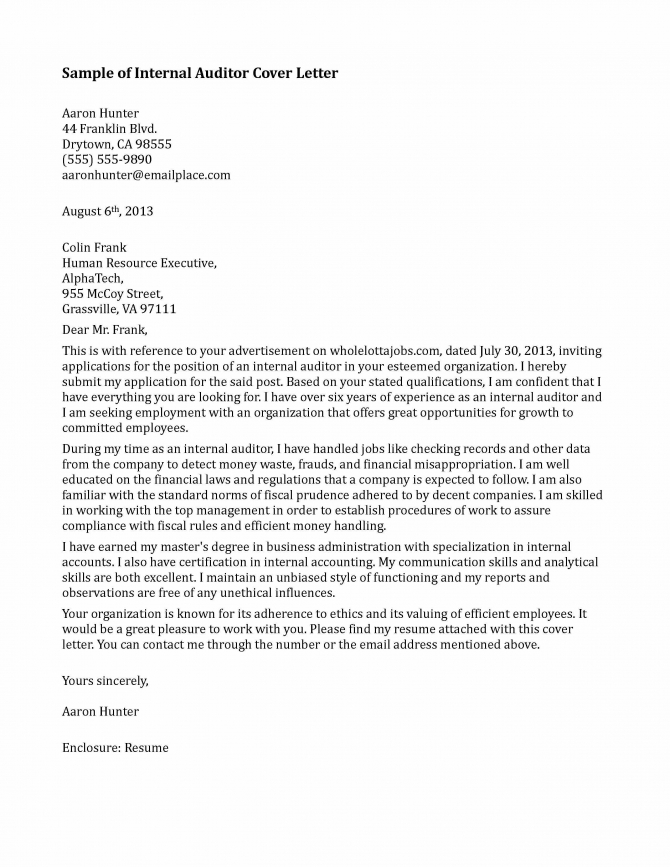 Sample Internal Auditor Cover Letter For Template Free Resume