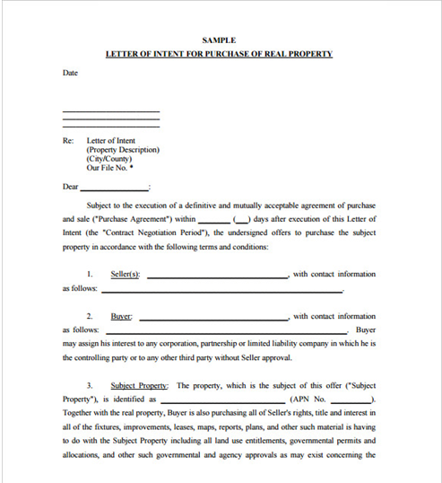 Sample Letter Of Intent Of Real Property Letter Of Intent Template