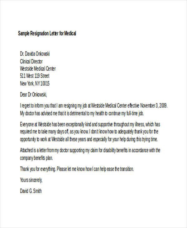 Resignation Letter Template Medical Reasons