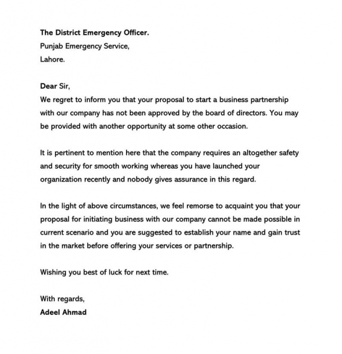 Sample Proposal Rejection Letter Decline Bid Or Business Proposal