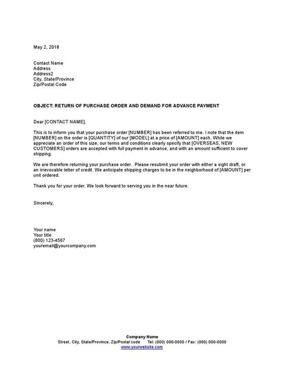 Sample Return Of Purchase Order And Demand For Advance Payment