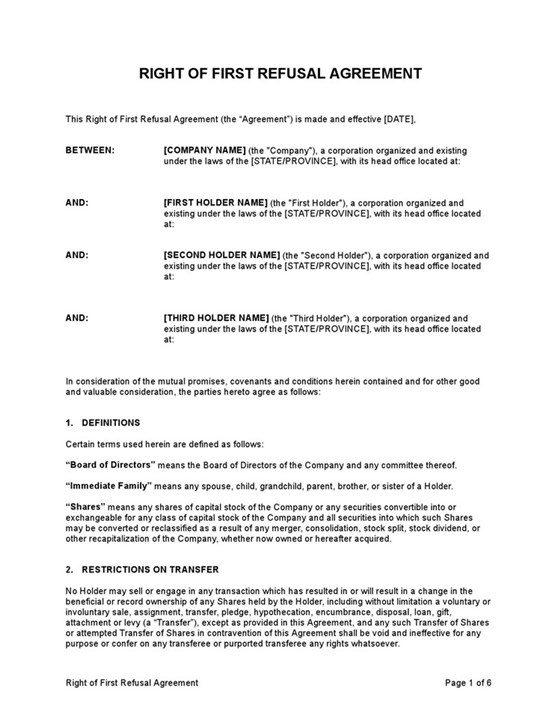 Right Of First Refusal Agreement