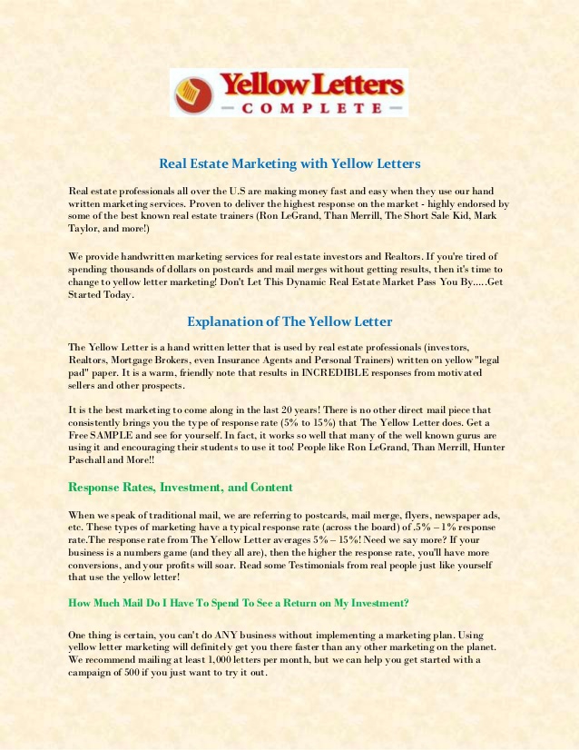 Yellow Letters Complete  Real Estate Investor Marketing