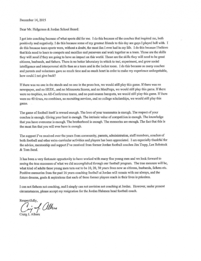 Albers Resignation Letter