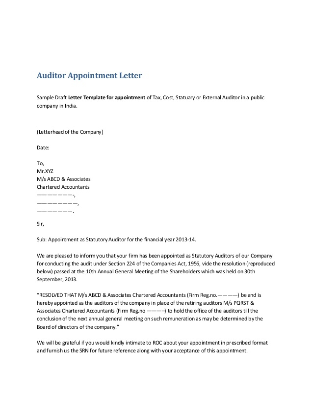 Appointment Of Auditor  Legal Documents