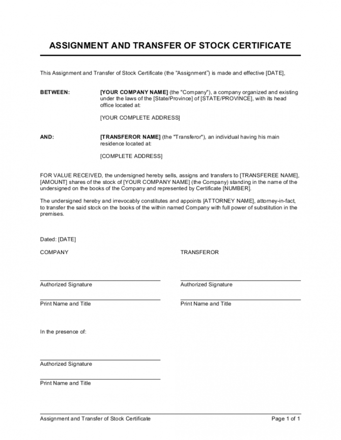 Assignment And Transfer Of Stock Certificate Template