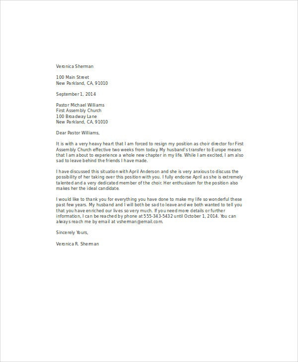 Church Resignation Letter Template