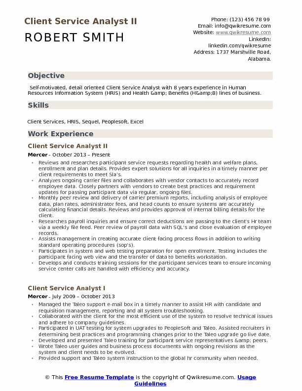 Client Service Analyst Resume Samples