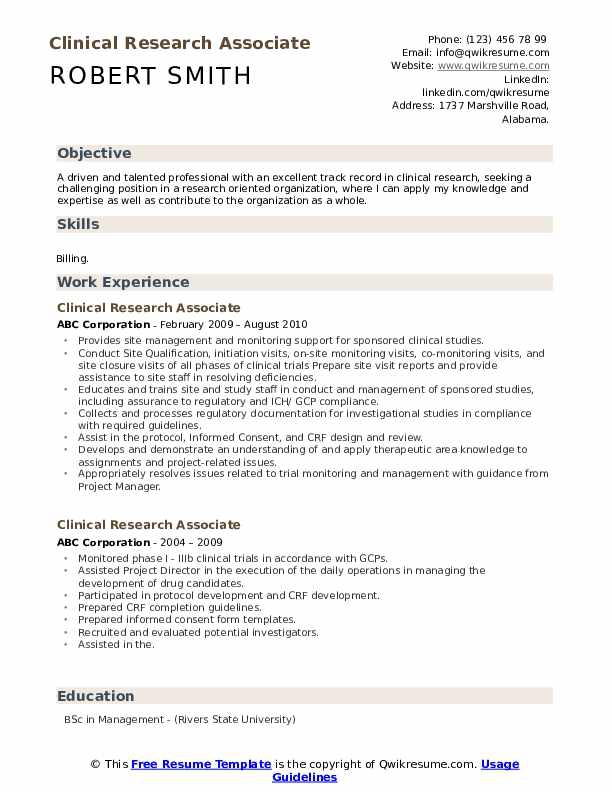 Clinical Research Associate Resume Samples