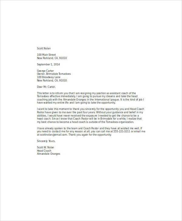 Coach Resignation Letters
